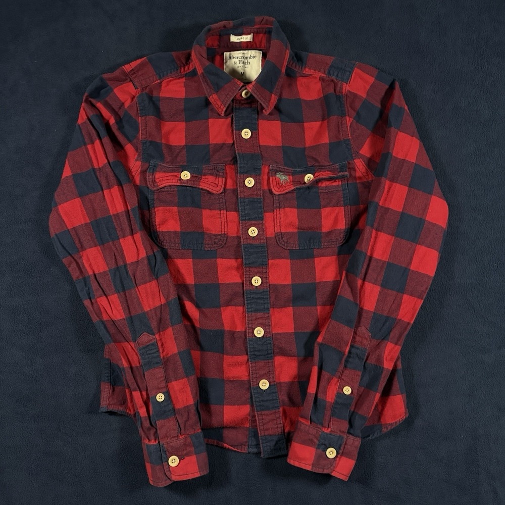 Abercrombie Fitch Flannel Shirt Mens M Red Black Buffalo Plaid Muscle Fit Cotton